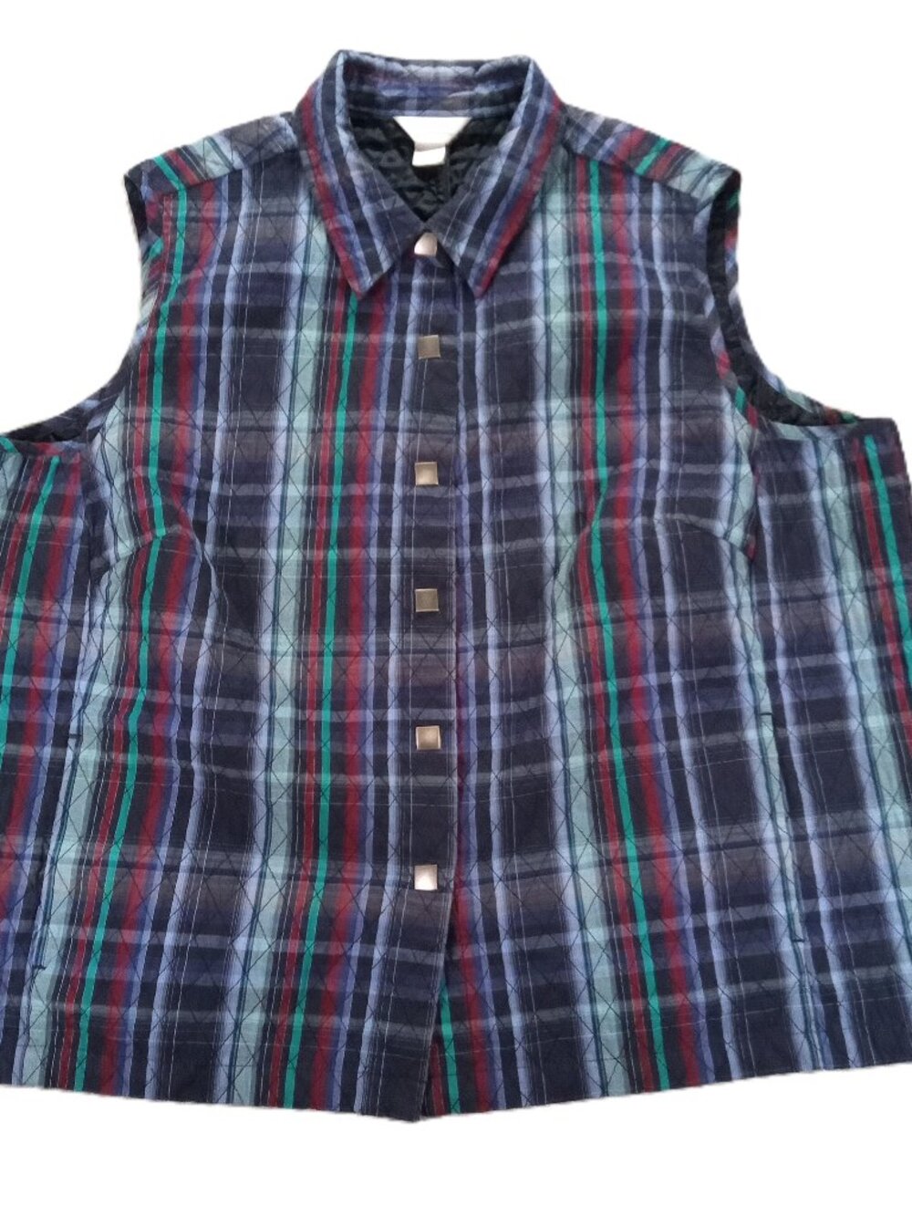 CJ Banks Quilted Vest Women Plus 3X Blue Plaid Lightweight Snap Up Lined Outdoor